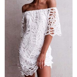 Off Shoulder Floral Lace Short Sleeve Mini Dress